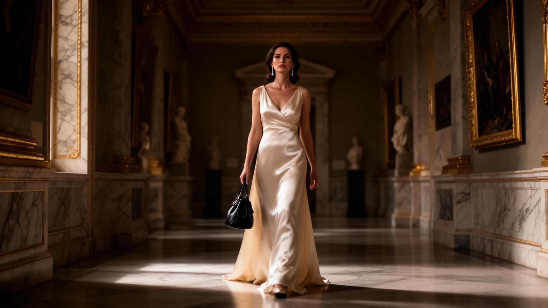 A woman walking through a private marble gallery, carrying a Sennes handbag